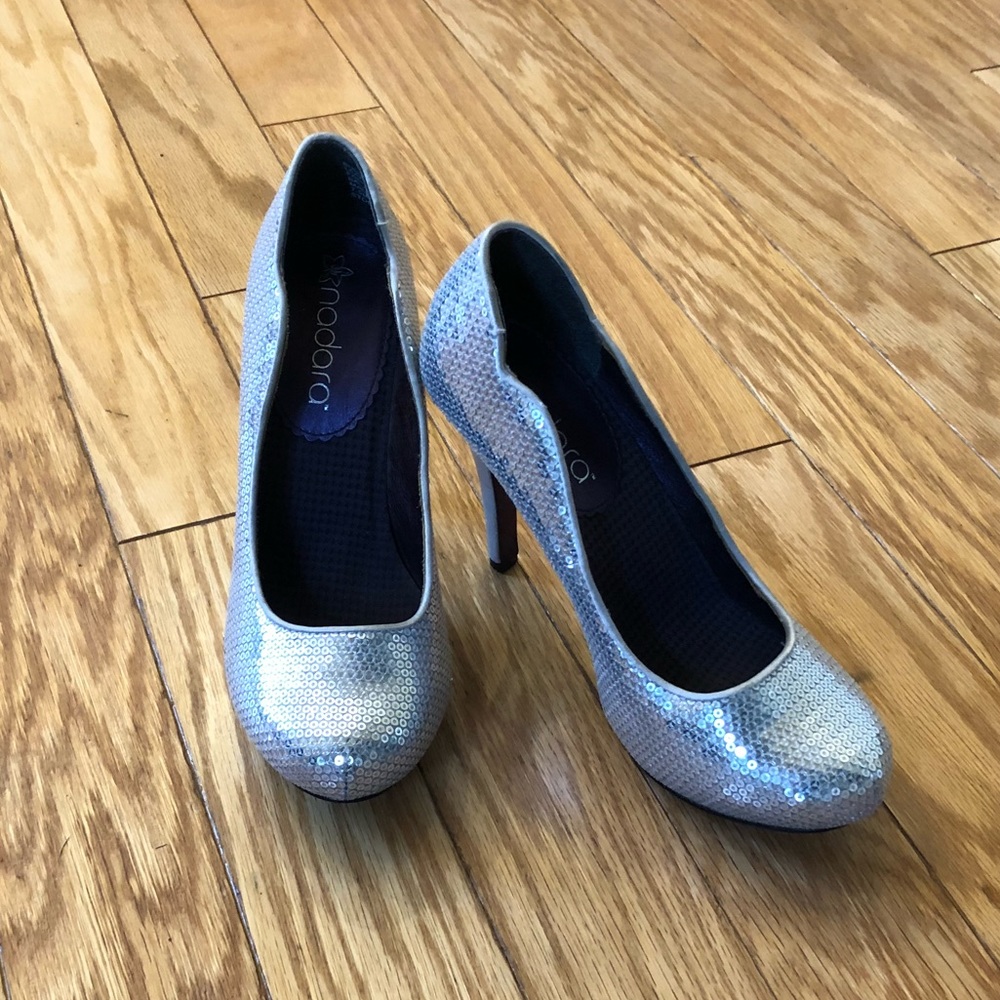 Nadara silver sequin heels
